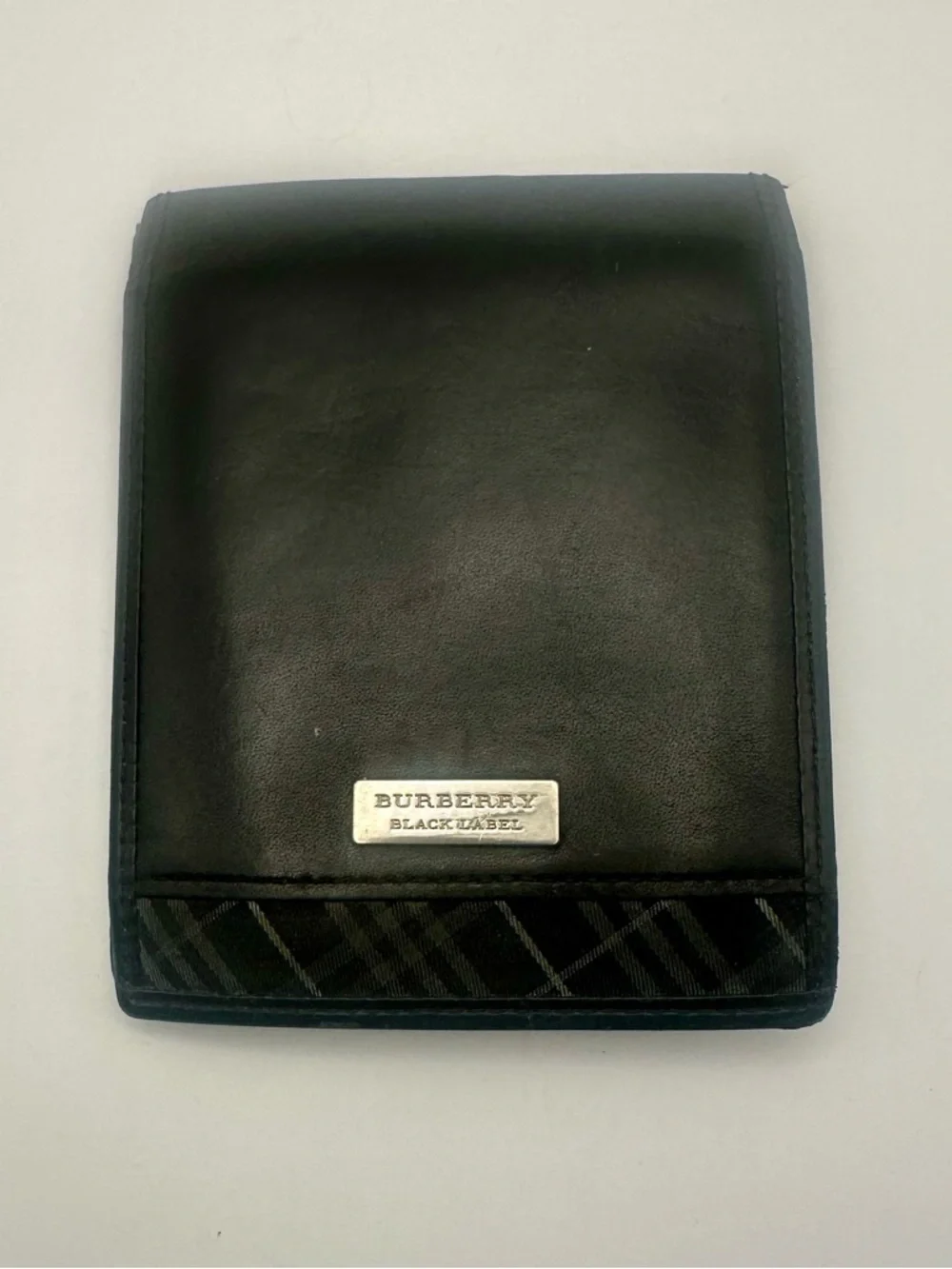 Burberry Black Leather Wallet Bifold Plaid Check Folding Card Coin Black Label